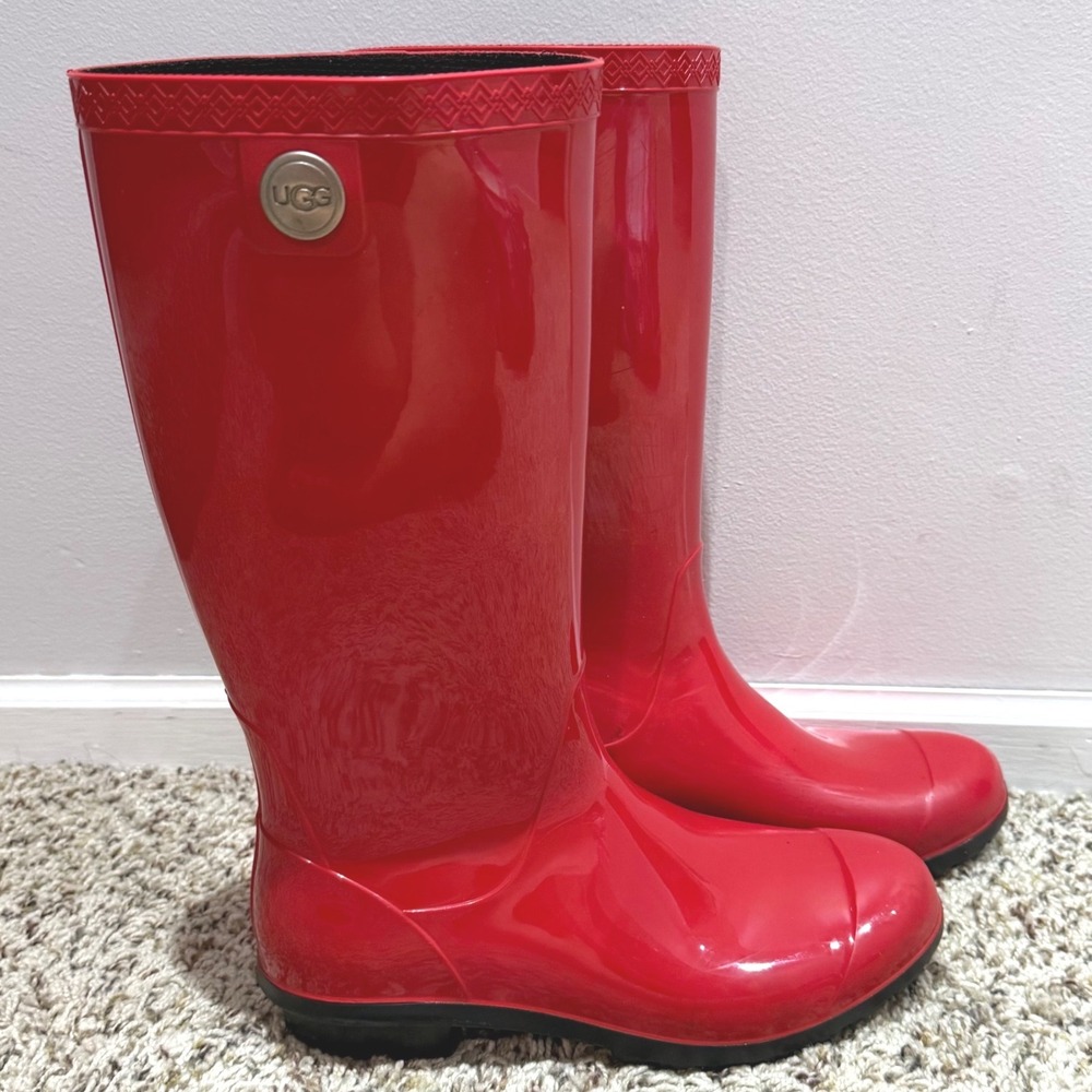 UGG Shaye Red Glossy Tall Waterproof Rain Boots Womens Lug Sole 1012350